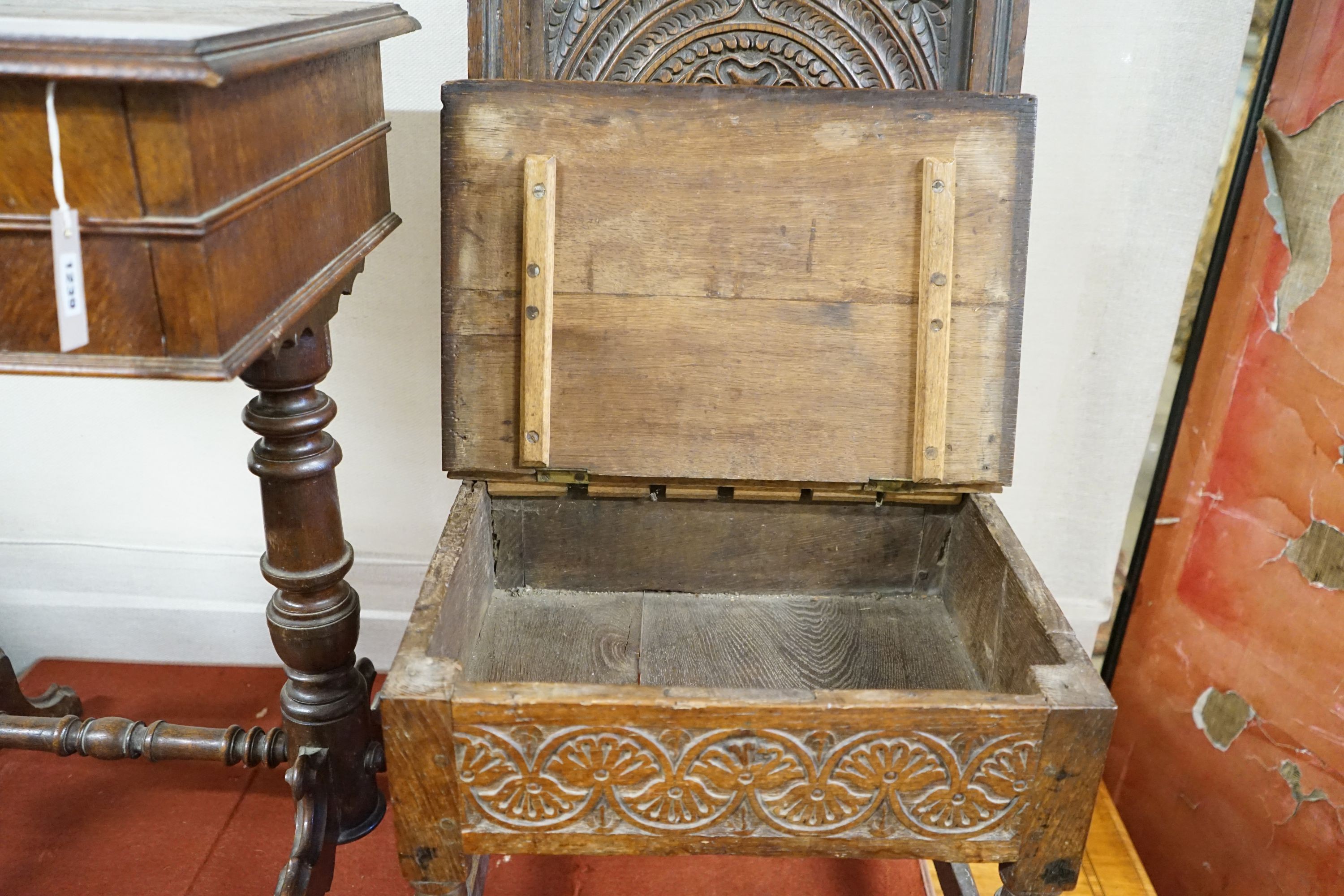 An 18th century oak box seat chair, width 46cm, depth 38cm, height 98cm